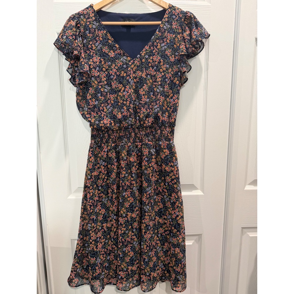 MSK Floral Chiffon Dress Navy Blue V-Neck Flutter Sleeve Smocked Waist Medium